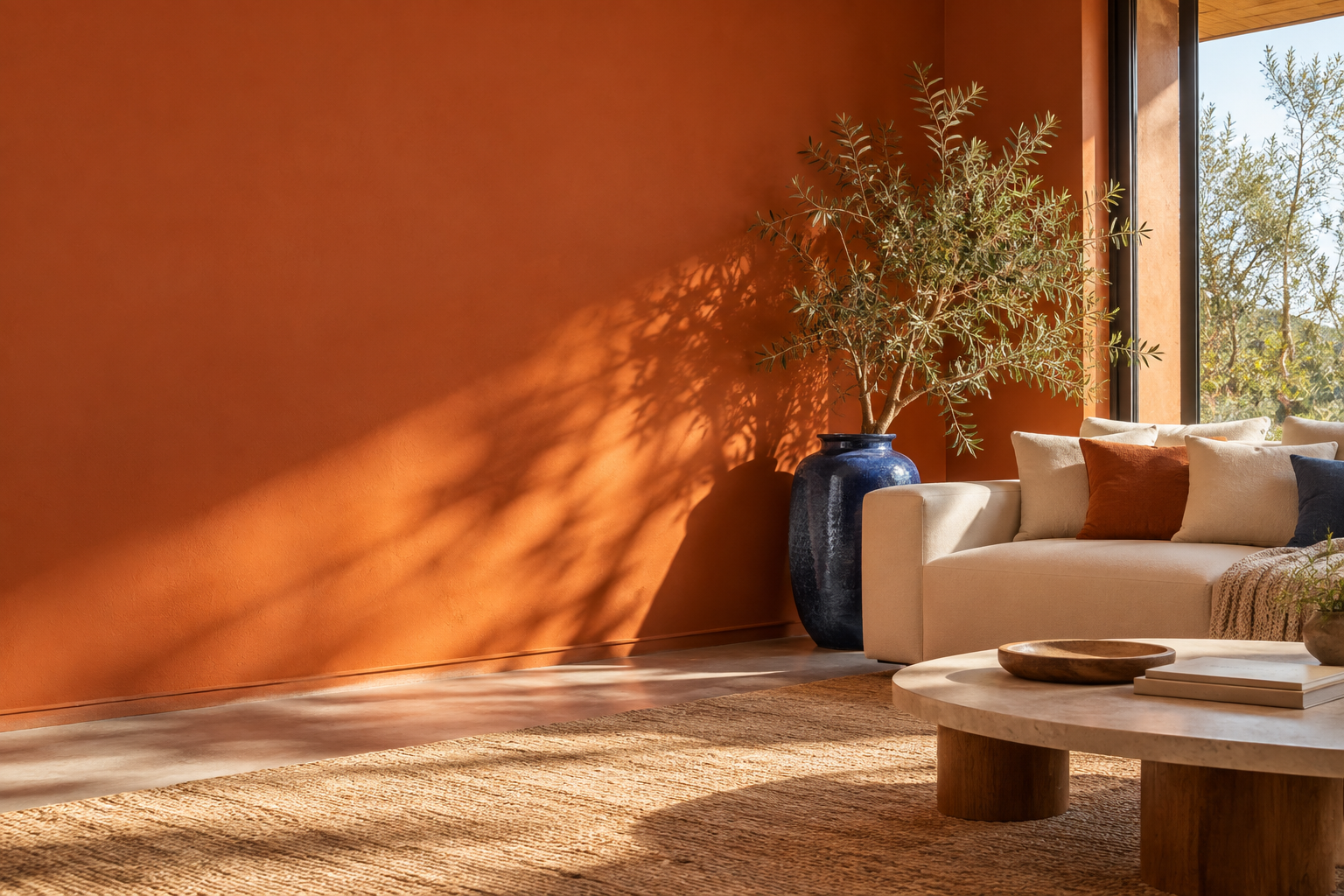 Sala iluminada com parede terracota, sofá claro e vaso azul